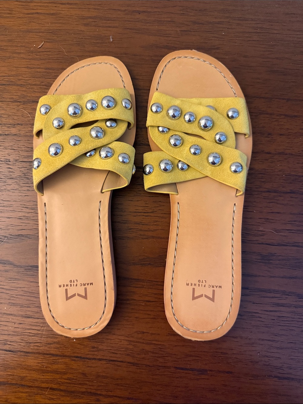 Marc Fisher Yellow Studded Slide Sandals with Silver Accents